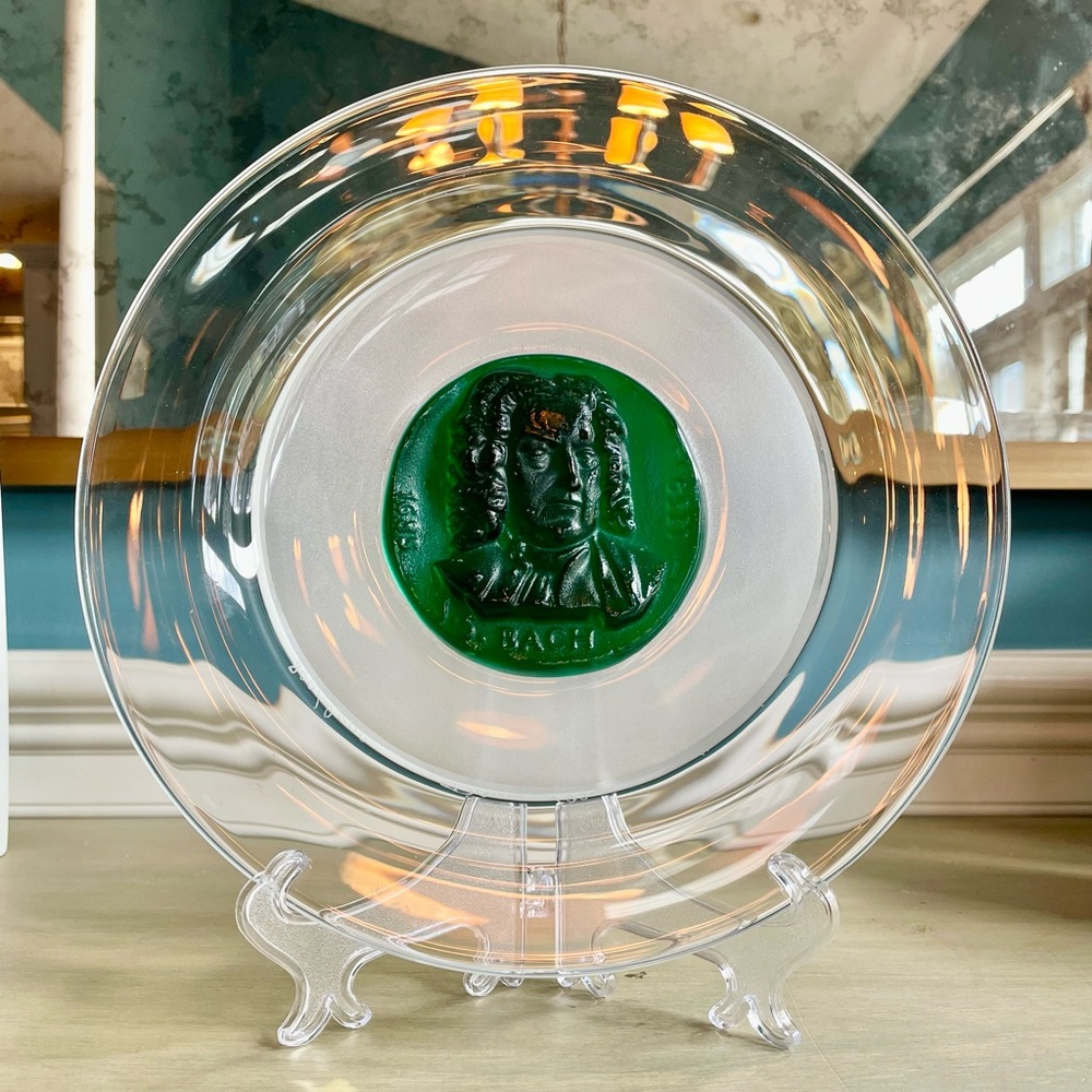 HTF French Daum Bach Art Green Glass Display Plate Grand Musicians Pate de Verre
